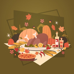 Happy Thanksgiving Day Autumn Traditional Harvest Holiday Greeting Card Flat Vector Illustration