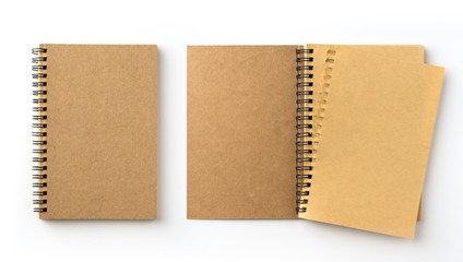 Business concept - Top view collection of spiral kraft notebook on white background desk for mockup