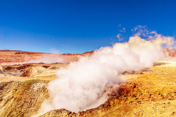 View on Sol de Manana gas geysir in the Altiplano of Bolivia