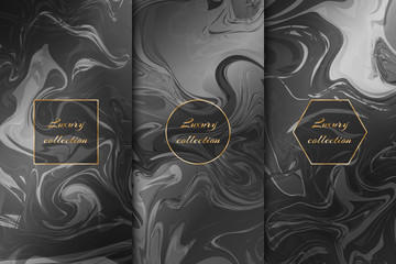 A set of elegant backgrounds with a marble texture, a gold frame for decorating packaging
