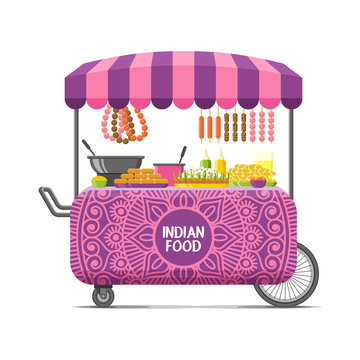 Indian street food cart. Colorful vector illustration, cartoon style, isolated on white background