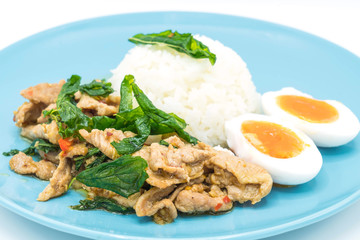 stir-fried pork and basil with egg and rice