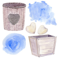 Watercolor vintage objects set.