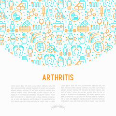 Arthritis concept with thin line icons of symptoms and treatments: pain in joints, obesity, fast food, alcohol, medicine, wheelchair. Vector illustration for banner, web page, print media.