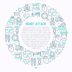 Heart attack concept in circle with thin line icons of symptoms and treatments. Modern vector illustration for medical report or survey, banner, web page, print media.