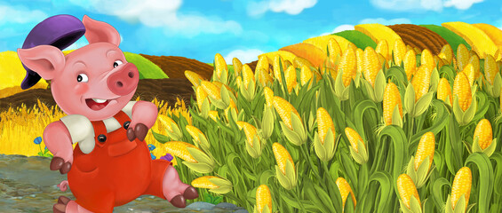 Naklejka premium Cartoon scene pig farmer working in the field running - illustration for children