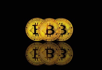 physical bitcoin on black background, cryptocurrency concept