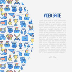 Video game concept with thin line icons: gamer, computer games, pc, headset, mouse, game controller. Modern vector illustration for banner, web page, print media.