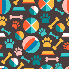 Vector seamless patern with puppy's food, traces, bowls, toys. B - obrazy, fototapety, plakaty