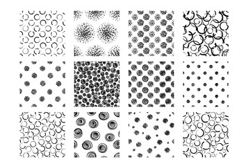 Set of Hand drawn seamless patterns with dots and circles isolated on white.