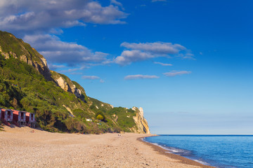 View of the beach from the cliffs of the Jurassic period near Branscombe. Devon. England