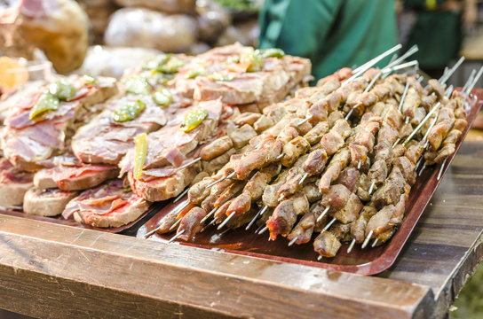 Meat, spanish food in Medieval market