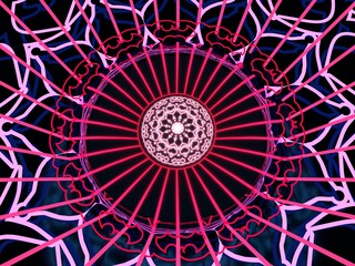 Decorative design element. Geometric ornament with neon shine material. Circular ornamental symbol. Islam, Arabic and Indian, ottoman motifs. 3D rendering