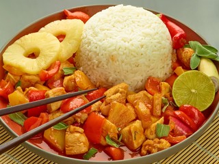 Chinese food: chicken with rice and pineapple