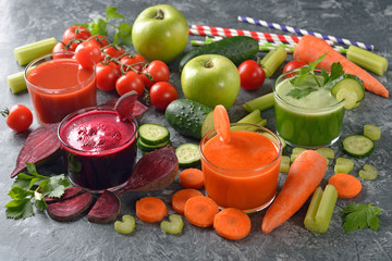 Various fresh vegetables juices
