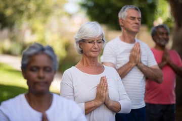 Senior people meditating in prayer position while standing