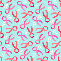 Pink ribbon  and venus sign seamless pattern on a blue background.