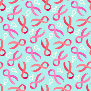 Pink ribbon  and venus sign seamless pattern on a blue background.