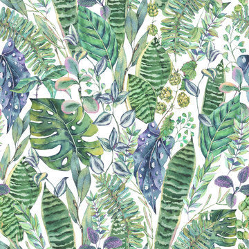 Watercolor Seamless Exotic Background with Tropical Leaves