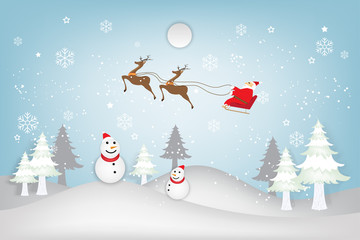 Santa Claus on Sleigh and Reindeer over Snowman on snowflakes and merry christmas background as holiday concept. vector illustration.