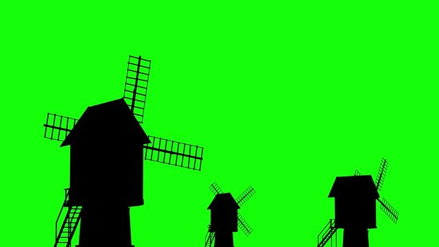 3d rendered animation of windmills silhouettes on green screen