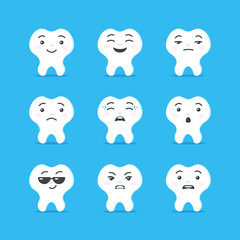 Set of nine teeth emojis. Vector illustration made in flat style.