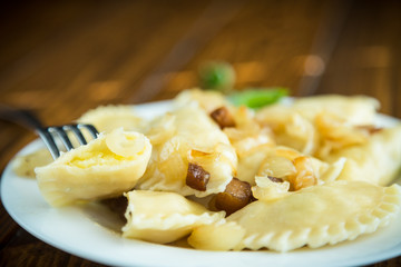boiled dumplings with potatoes and fried onions
