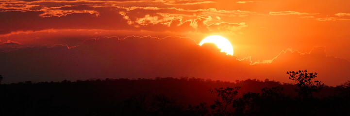 Sonnenuntergang im Tarangiri Nationalpark, Tansania, Ostafrika, Panoramaaufnahme