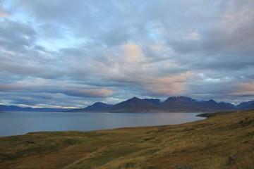 Fototapeta na wymiar Eyjafjoerdur and mountains. Landscape near Dalvik, Iceland.
