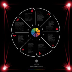 Circle Lines Infographic 8 Positions dark background with red light