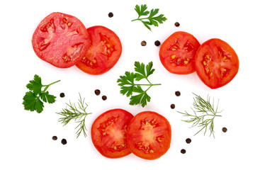 tomato slice with parsley leaves, dill and peppercorns isolated on white background. Top view