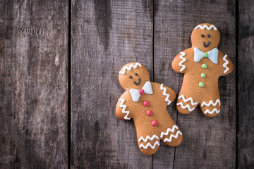 Christmas homemade gingerbread cookies on table, christmas background concept