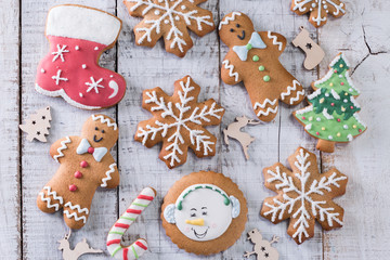 Christmas homemade gingerbread cookies on table, christmas background concept
