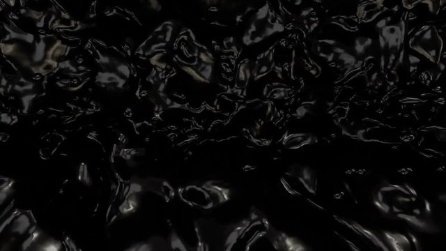 Animated waterfall of oil or black paint splashing and rapid filling up whole container against green background 2.
