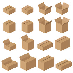 Set of different vector cardboard boxes. Realistic mockups of brown delivery packages.