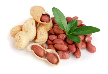 peanuts with leaf isolated on white background