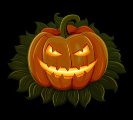 Halloween pumpkin is smiling. Isolated on black background. Vector illustration.