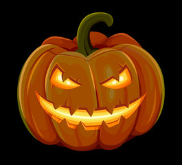 Halloween pumpkin is smiling. Isolated on black background. Vector illustration.