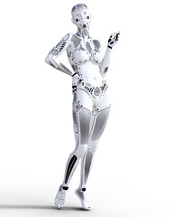 Robot woman. White metal droid. Artificial Intelligence. Conceptual fashion art. Realistic 3D...