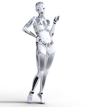 Robot woman. White metal droid. Artificial Intelligence. Conceptual fashion art. Realistic 3D render illustration. Studio, isolate, high key.