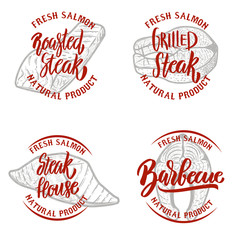 Set of salmon steak emblems on white background.