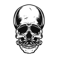 Illustration of the human skull with mustaches isolated on white background. Vector illustration