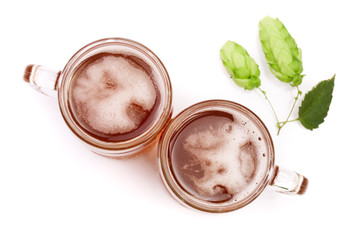 glass of beer with hop cones isolated on white background. Top view