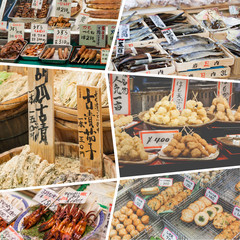 Collage of Japan food images - travel background (my photos)