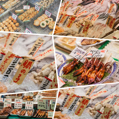 Collage of Japan food images - travel background (my photos)