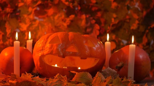 Glowing smoking monster pumpkin. Halloween concept