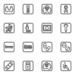 Set of thyroid gland anatomy, its diagnosis and treatment. Flat outline vector icons.