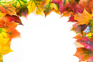 Autumn colorful leaves around with space for text. Top view.