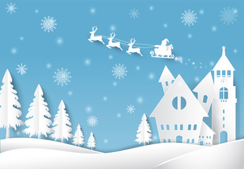Fototapeta na wymiar Winter holiday Santa and snow Christmas season paper art style