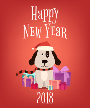 2018. Happy New Year. Cartoon dog with gift boxes. Vector illustration